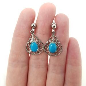 Vintage Blue Cabochon and Silver Tone Filigree Dangle Post Earrings, Estate